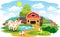 Summer landscape with farm animals and barn. Farm animals. Summer holidays at the countryside. Vector illustration.