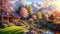 Summer landscape flowers and trees near river, idyllic view with mountains in the background at sunset