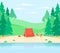 Summer landscape with forest on hills near river. National park or reserve with lake. Natural background. Vector