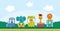 Summer landscape with funny animals riding railway, flat vector illustration.