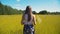 Summer landscape, girl, field of flax