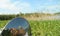 Summer landscape girl resting in nature barefoot reflection sunglasses