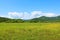 Summer landscape with green grass, hills road and clouds