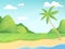 Summer landscape. Green hills palm tree and seaside with grass and water simple outdoor illustration vector cartoon