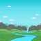 Summer landscape with green meadows, river and snow covered mountains with waterfall. Cartoon illustration, card, country