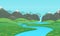 Summer landscape with green meadows, river and snow covered mountains with waterfall. Cartoon illustration, card, country