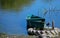 Summer landscape.Iron boat on the river.