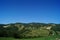 Summer landscape in Italy with a deep blue sky and green hills full of trees