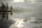 Summer landscape, lake and jetty in fog