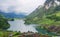 Summer landscape with lake and Swiss alps in Switzerland