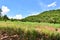 The summer landscape in the meadow behind the high mountain hills full of green trees.