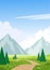 Summer landscape with mountains, trees, road, meadows. Print with spring landscape. Modern natural background. Flat