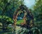 Summer landscape in oil. Arch of wild grapes illuminated by sunlight. Cozy patio.