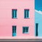 Summer landscape in pastel Minimalistic Pink house on the Southern Blue City Facade of Window and