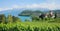 Summer landscape rebberg hill vineyard, view to lake thun and spiez castle. scenic destination bernese oberland, switzerland