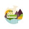 Summer landscape with river and ship in logo circle, vacation travelling sign, design element for emblem or badge vector