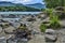 Summer landscape on the rocky bank of rapid Siberian river Katun