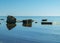 Summer landscape with a rocky sea shore, remnants of an old concrete structure in the water, Saaremaa Island, Sorves Peninsula,