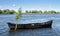 Summer landscape. Rowing boat - Danube Delta, landmark attraction in Romania. Danube River