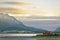 Summer landscape with sea and mountains. Midnight sun in northern cityTromso, Norway