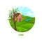 Summer landscape with small house, apple thee, field, river and bright sun. June month. Flat vector for calendar or