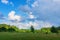 Summer landscape on sunny day. Scenic green nature landscape with clouds on sky