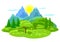 Summer landscape with trees, mountains and hills. Seasonal illustration