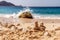 Summer landscape, waves with brakes break on a stone, a cairn of stones in the sand, Kaputas beach, Turkey