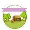 Summer landscape with wooden house, tree, fire. Pink ribbon for text