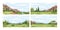 Summer landscapes set. Sceneries with grass, trees, mountains and sky horizons. Panoramic nature backgrounds with clouds