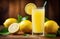 summer lemonade, a glass of freshly squeezed lemon juice on a wooden table, citrus drink, ripe lemons
