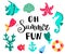 Summer lettering. Hand drawn summer banners with marine stickers. Bright summertime poster. Collection Summer hand drawn