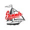 Summer. Lettering phrase with yacht illustration. Design element for poster, card, t shirt, banner, emblem.