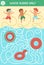 Summer maze for children. Preschool beach holidays activity. Funny puzzle with cute boys and inflatable rubber rings. Holiday game