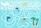 Summer maze for children. Preschool exotic activity. Funny puzzle with cute airplane, swimming boy, dolphins. Help the plane fly