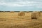 Summer meadow with yellow golden bales of hay bale in the stubble field. Agricultural field and a blue sky with clouds