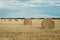 Summer meadow with yellow golden bales of hay bale in the stubble field. Agricultural field and a blue sky with clouds