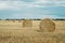 Summer meadow with yellow golden bales of hay bale in the stubble field. Agricultural field and a blue sky with clouds