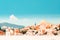 Summer mediterranean cityscape with traditional houses, cypresses, flowers and hills in the background, cartoon style flat design