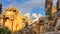 Summer mediterranean cityscape - view of the ruins of the theater in the ancient city of Myra, near the Turkish town of Demre