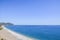 Summer mediterranean coastal landscape. View of Cirali Beach from ancient Olympos ruins. Turkey