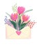 Summer message of envelope with tulips, wildflowers, wild plants. Hand-drawn illustration isolated on white background