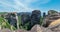 Summer Meteora - important rocky Christianity religious monasteries complex in Greece. Panorama