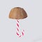 Summer minimal abstract umbrella concept. Candy cane and half of fresh raw organic coconut against gray background