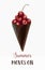 Summer minimalism illustration, creative concept. Digital hand drawn cherry in the waffle chocolate cone on the white background