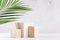 Summer modern showcase with set wooden podiums with green palm leaf in sunlight, shadow on white board, grey marble wall.