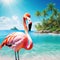 summer mood animal pink flamingo wearing headphone at tropical