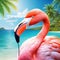 summer mood animal pink flamingo wearing headphone at tropical