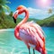 summer mood animal pink flamingo wearing headphone at tropical