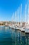 Summer morning in the harbor. Yachts parking in harbor, Harbor in Trogir, Croatia. Sailboats reflected in water. Boat rental